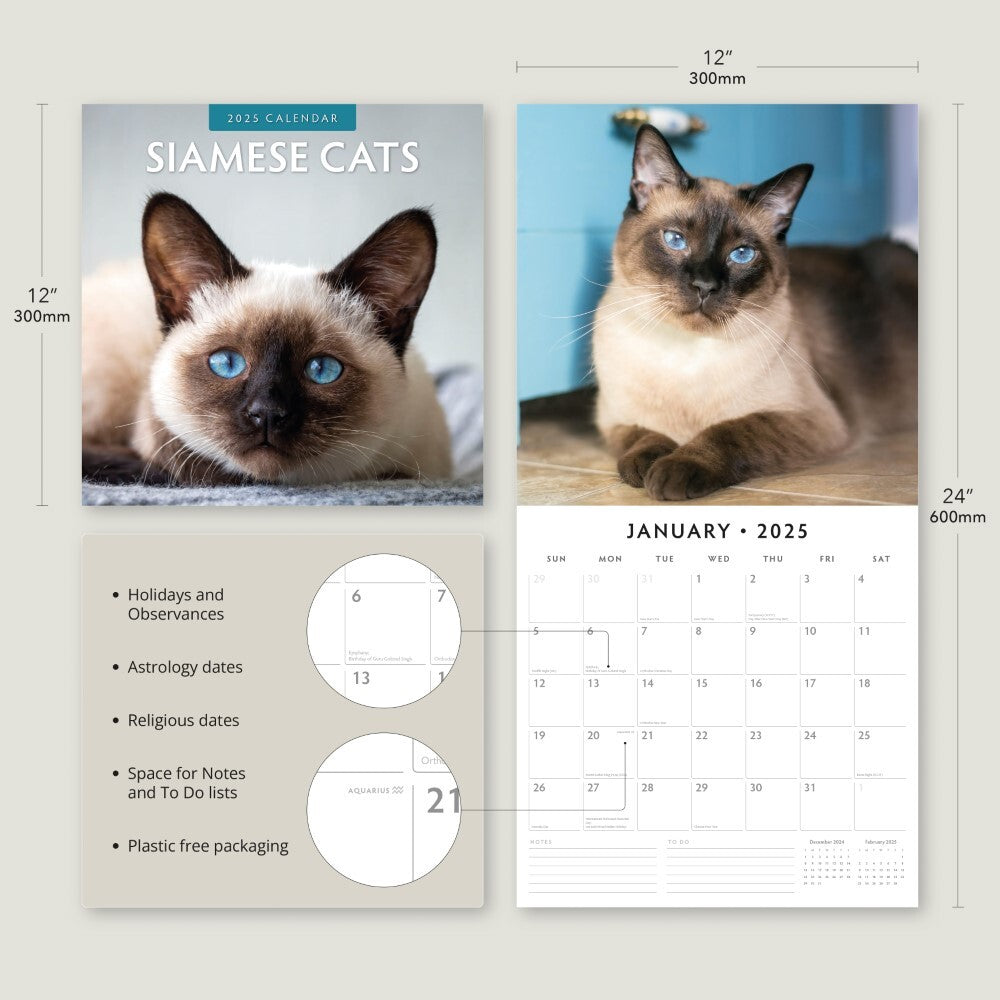 Siamese Cats - 2025 Square Wall Calendar Animals 16 Months Premium Planner Gift V474-695265