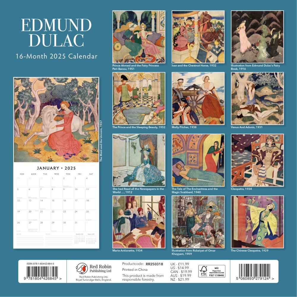 Edmund Dulac - 2025 Square Wall Calendar Fine Art 16 Months Premium Planner Gift V474-695271