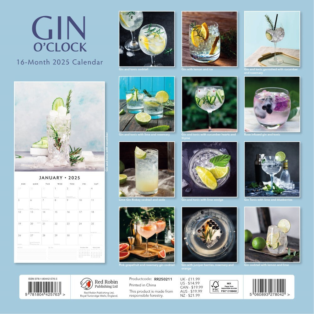 Gin O'Clock - 2025 Square Wall Calendar Food & Drink 16 Months Premium Planner V474-695325
