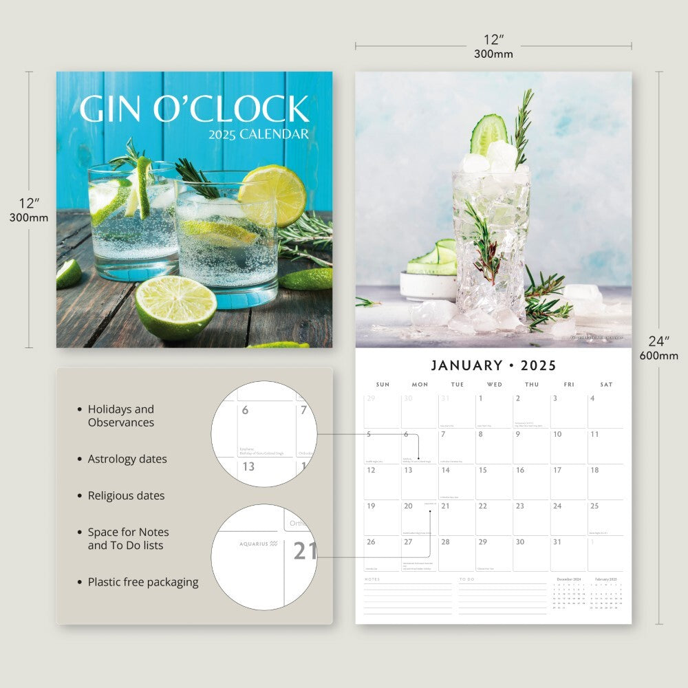 Gin O'Clock - 2025 Square Wall Calendar Food & Drink 16 Months Premium Planner V474-695325