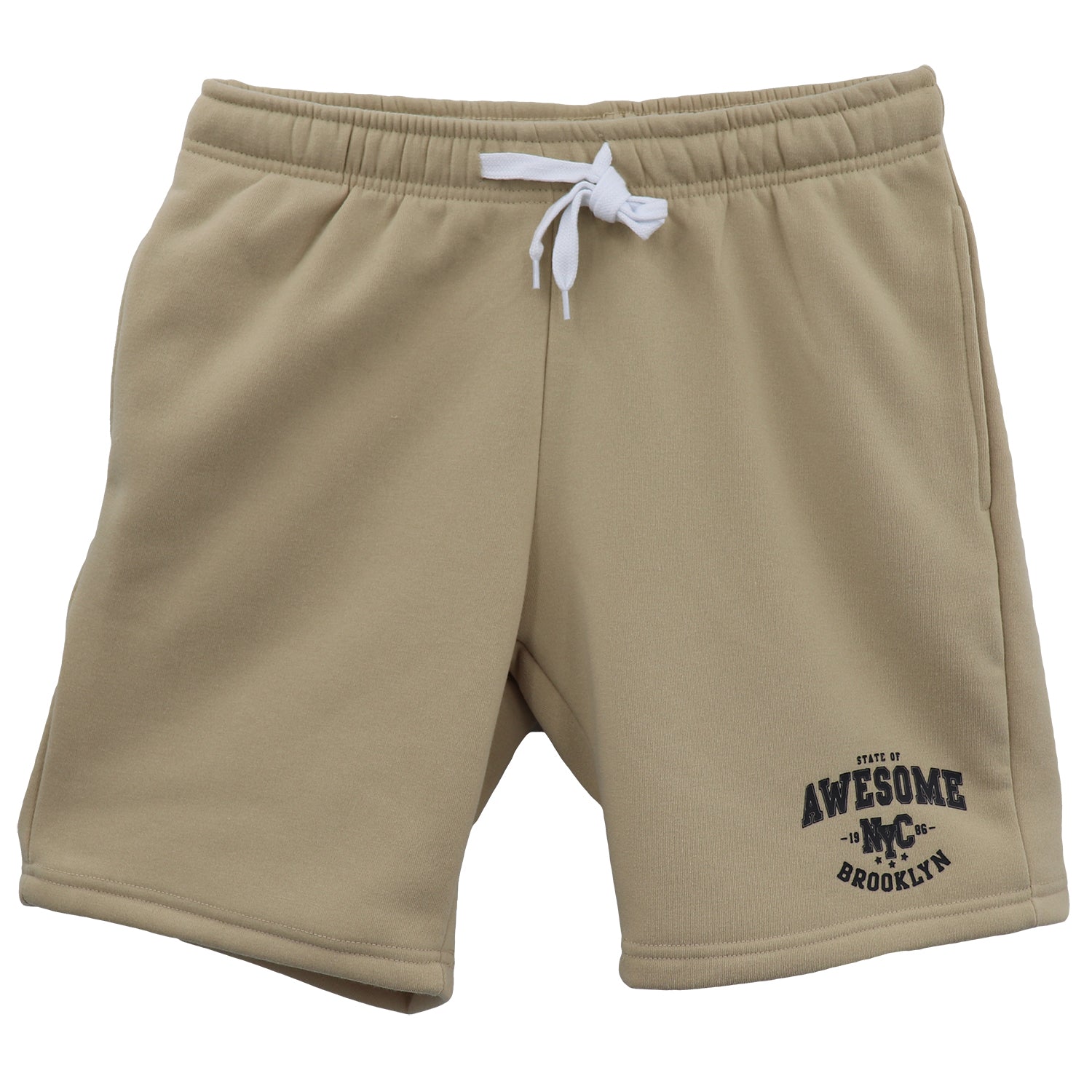 Men's Fleece Shorts Casual Sports Sweat Pants w Elastic Waist Drawstring Pockets, Beige, L