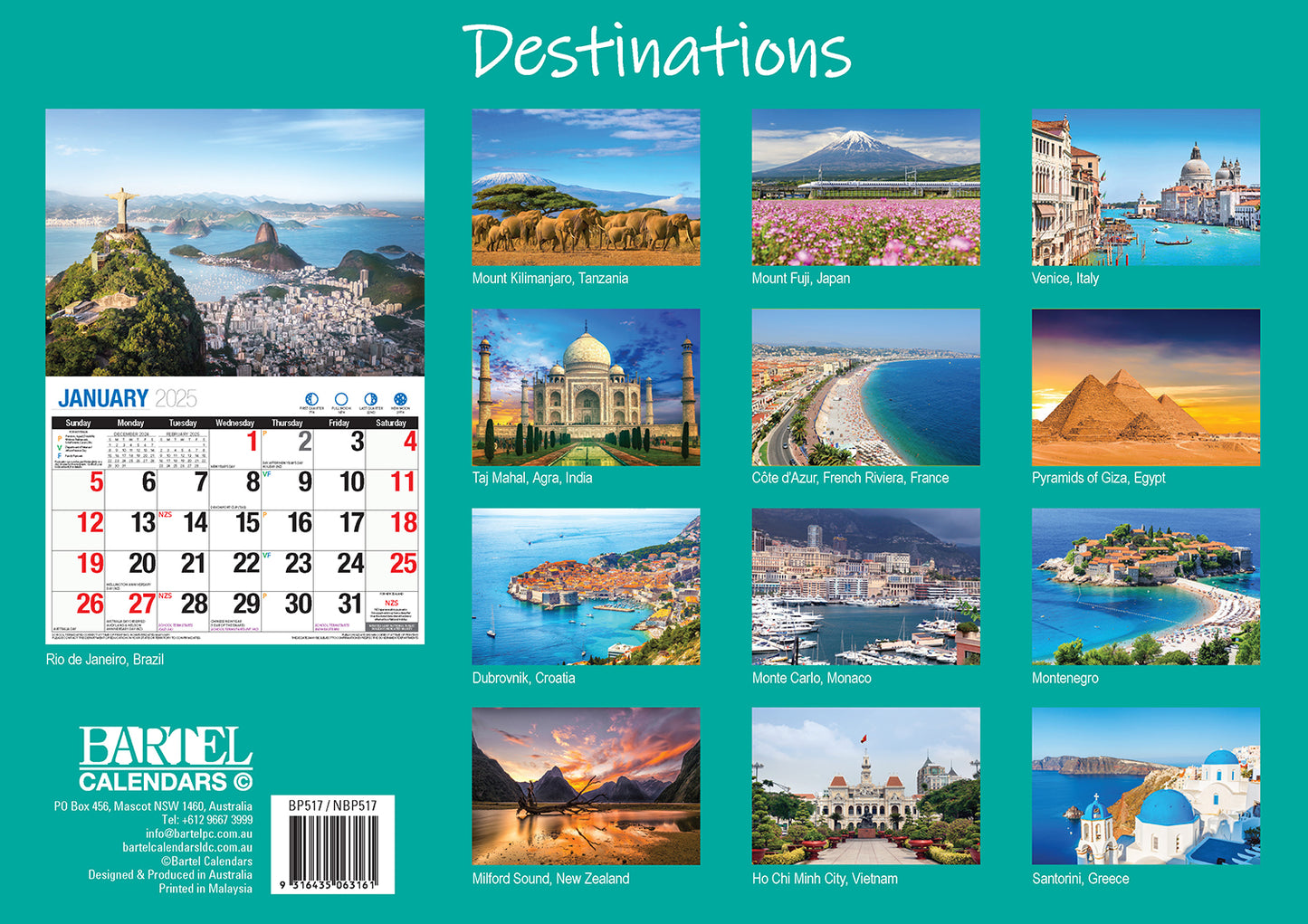Destinations - 2025 Rectangle Wall Calendar 16 Months Planner Travel Photos Gift V474-700425