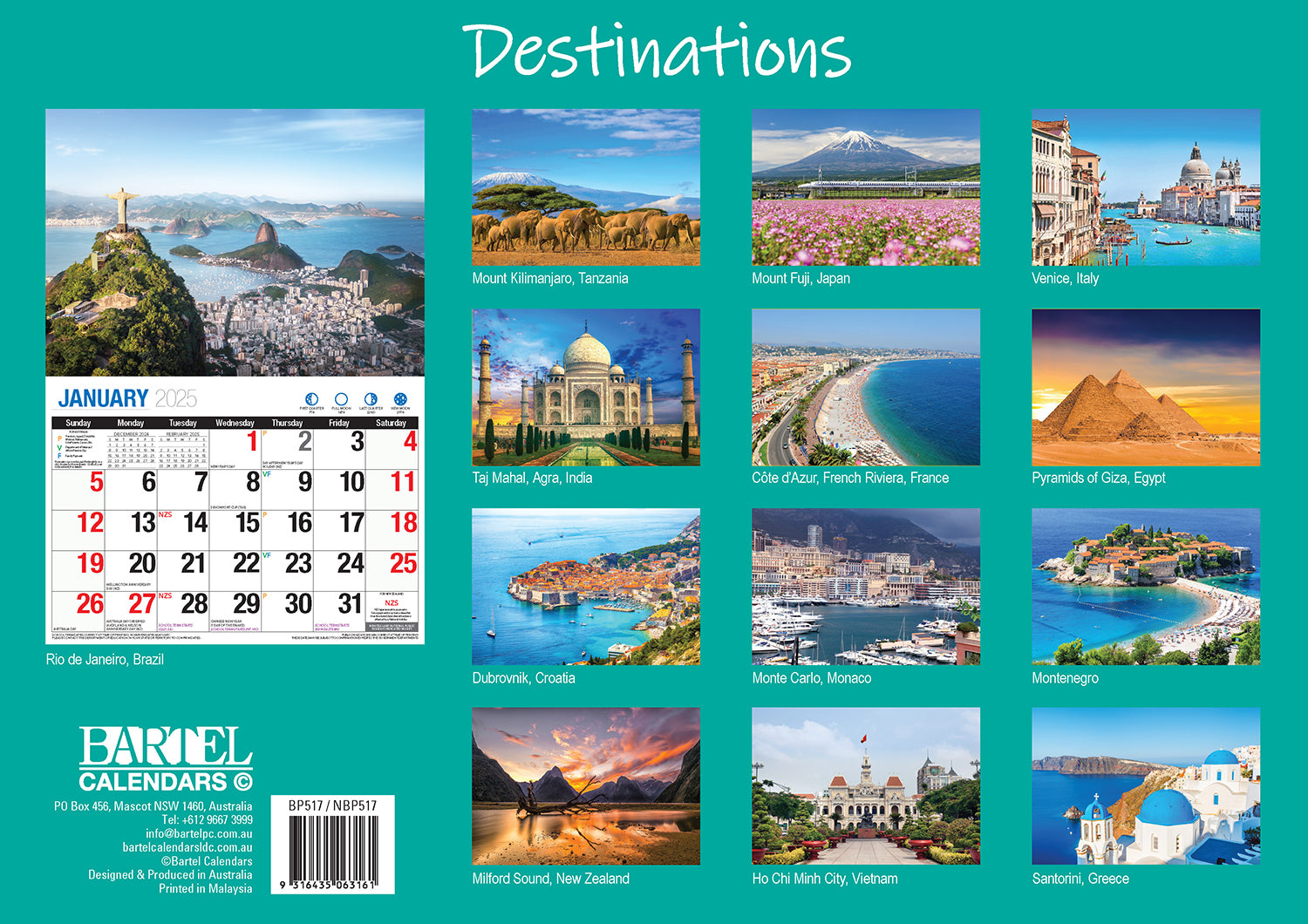 Destinations - 2025 Rectangle Wall Calendar 16 Months Planner Travel Photos Gift V474-700425