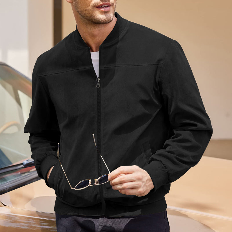 Men's Varsity Bomber Flight Jacket Breathable Windbreaker Zip Coat Faux Leather, Black, S