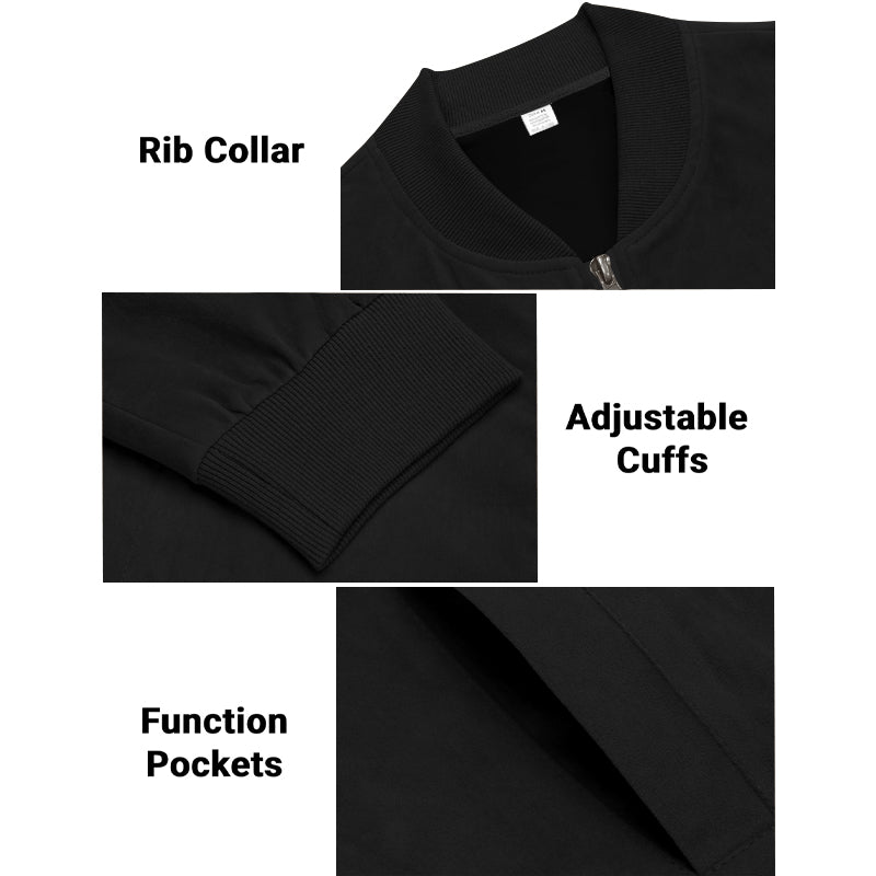 Men's Varsity Bomber Flight Jacket Breathable Windbreaker Zip Coat Faux Leather, Black, S