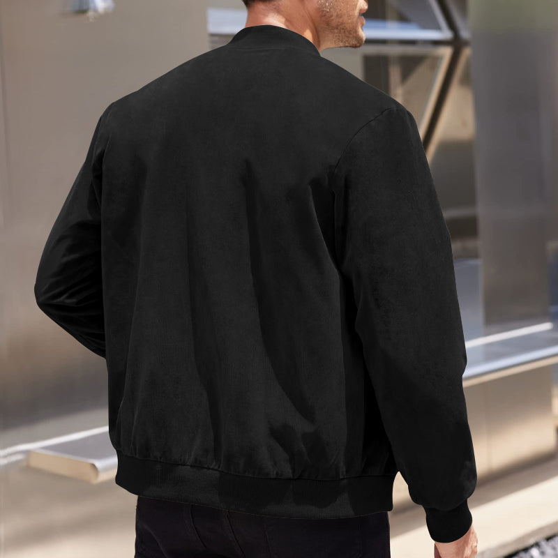 Men's Varsity Bomber Flight Jacket Breathable Windbreaker Zip Coat Faux Leather, Black, M