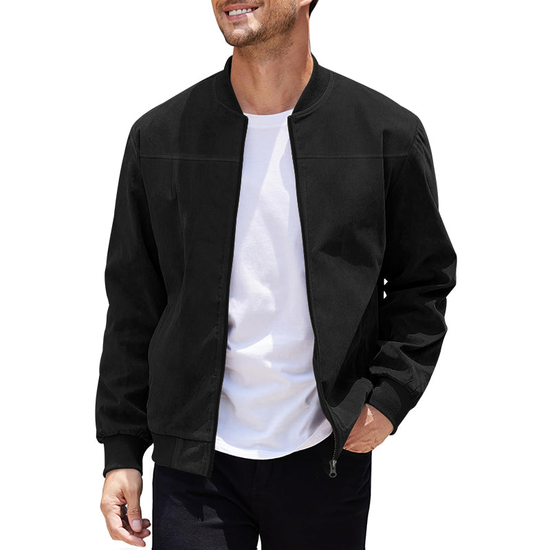 Men's Varsity Bomber Flight Jacket Breathable Windbreaker Zip Coat Faux Leather, Black, 3XL
