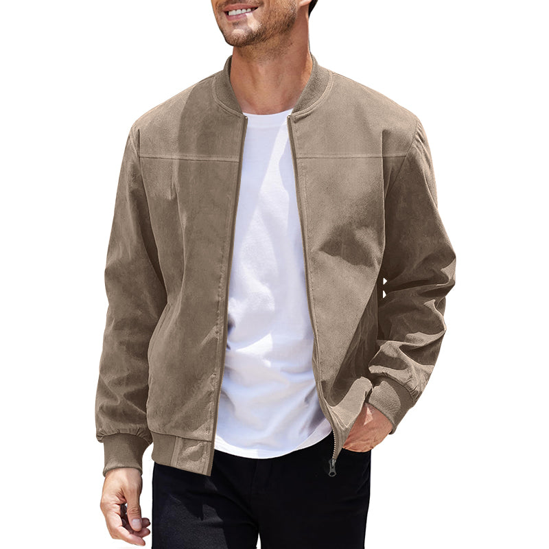 Men's Varsity Bomber Flight Jacket Breathable Windbreaker Zip Coat Faux Leather, Brown, M