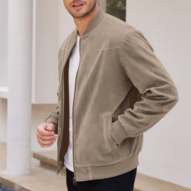 Men's Varsity Bomber Flight Jacket Breathable Windbreaker Zip Coat Faux Leather, Brown, M