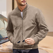 Men's Varsity Bomber Flight Jacket Breathable Windbreaker Zip Coat Faux Leather, Brown, M