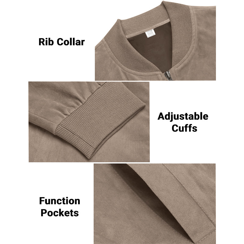 Men's Varsity Bomber Flight Jacket Breathable Windbreaker Zip Coat Faux Leather, Brown, M
