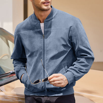 Men's Varsity Bomber Flight Jacket Breathable Windbreaker Zip Coat Faux Leather, Blue, S V474-737112