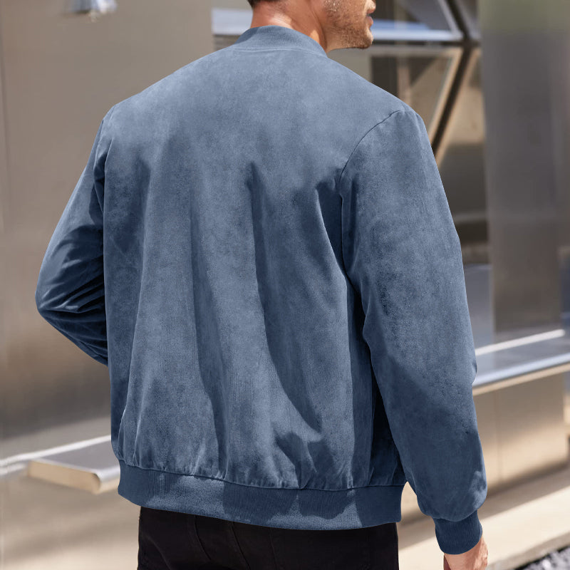 Men's Varsity Bomber Flight Jacket Breathable Windbreaker Zip Coat Faux Leather, Blue, S