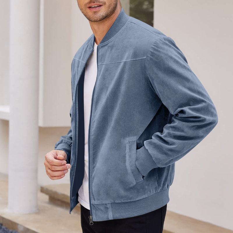 Men's Varsity Bomber Flight Jacket Breathable Windbreaker Zip Coat Faux Leather, Blue, S