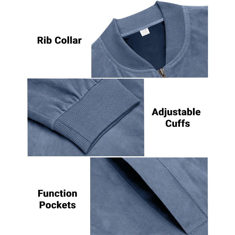 Men's Varsity Bomber Flight Jacket Breathable Windbreaker Zip Coat Faux Leather, Blue, S