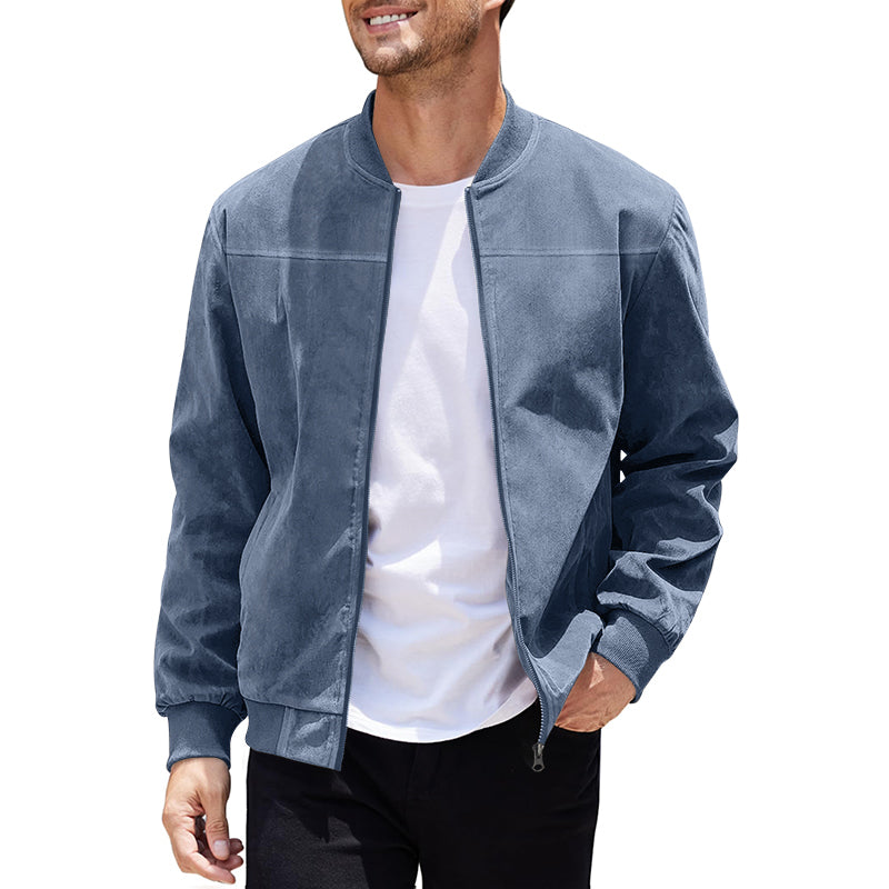 Men's Varsity Bomber Flight Jacket Breathable Windbreaker Zip Coat Faux Leather, Blue, M