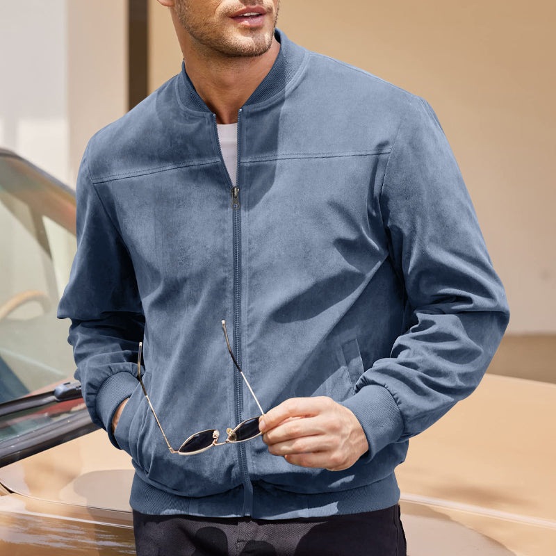 Men's Varsity Bomber Flight Jacket Breathable Windbreaker Zip Coat Faux Leather, Blue, M