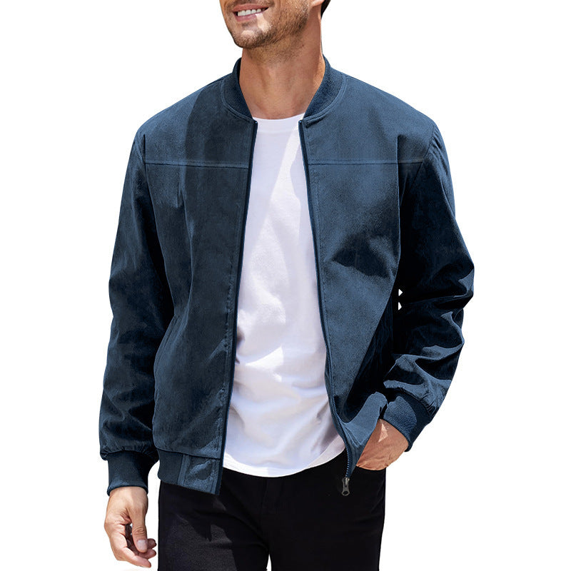 Men's Varsity Bomber Flight Jacket Breathable Windbreaker Zip Coat Faux Leather, Navy, S