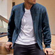 Men's Varsity Bomber Flight Jacket Breathable Windbreaker Zip Coat Faux Leather, Navy, S