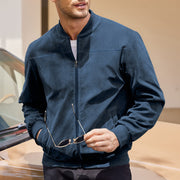 Men's Varsity Bomber Flight Jacket Breathable Windbreaker Zip Coat Faux Leather, Navy, S