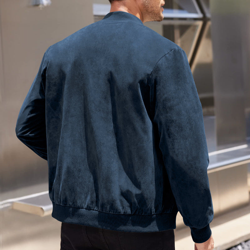 Men's Varsity Bomber Flight Jacket Breathable Windbreaker Zip Coat Faux Leather, Navy, M