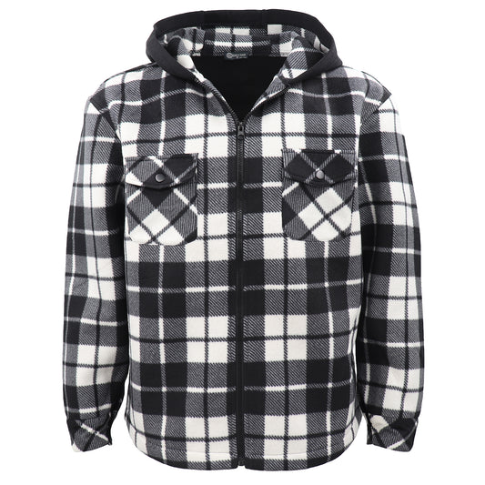 Men's Hooded Flannel Jacket Flannelette Plaid Fleece Shirt Zip Up Winter Coat, Black, S V474-738327