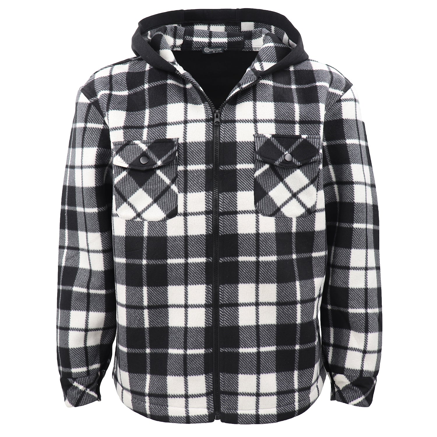 Men's Hooded Flannel Jacket Flannelette Plaid Fleece Shirt Zip Up Winter Coat, Black, M V474-738328