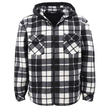 Men's Hooded Flannel Jacket Flannelette Plaid Fleece Shirt Zip Up Winter Coat, Black, L V474-738329