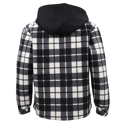 Men's Hooded Flannel Jacket Flannelette Plaid Fleece Shirt Zip Up Winter Coat, Black, L V474-738329