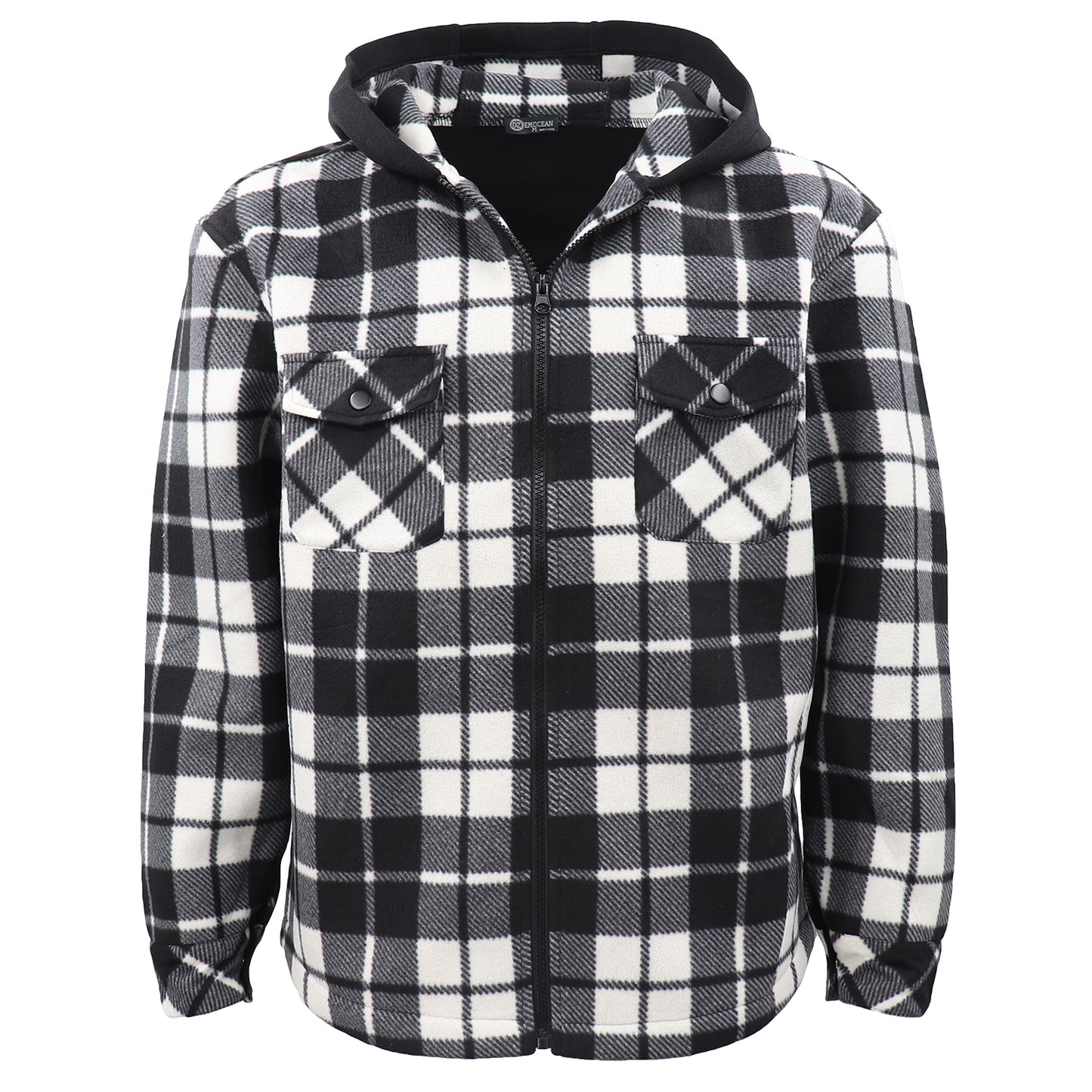 Men's Hooded Flannel Jacket Flannelette Plaid Fleece Shirt Zip Up Winter Coat, Black, XL V474-738330