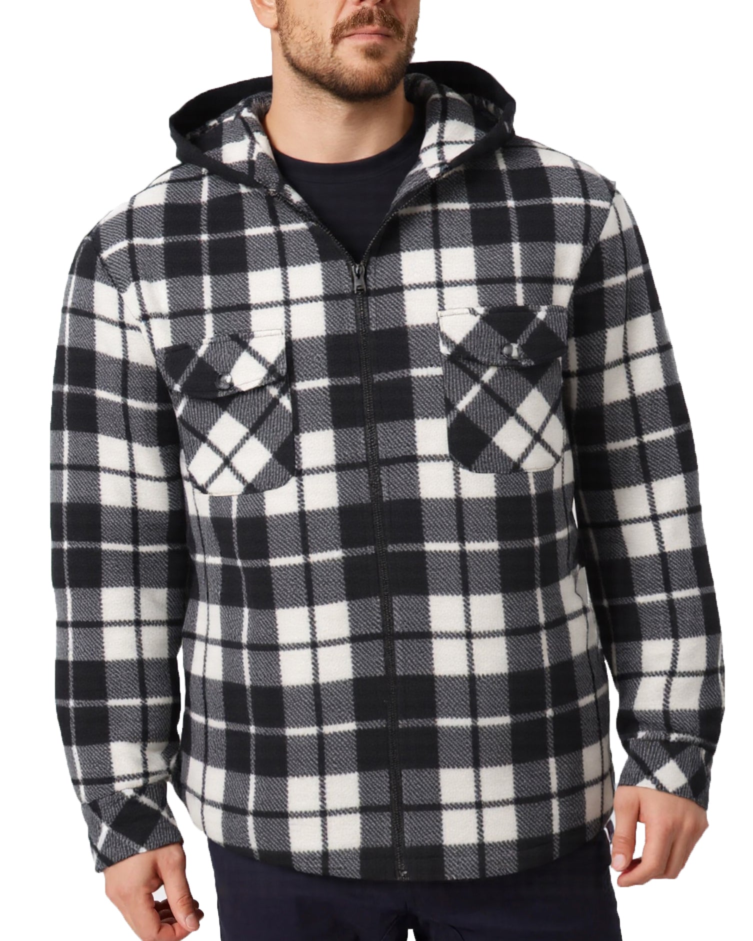 Men's Hooded Flannel Jacket Flannelette Plaid Fleece Shirt Zip Up Winter Coat, Black, 2XL