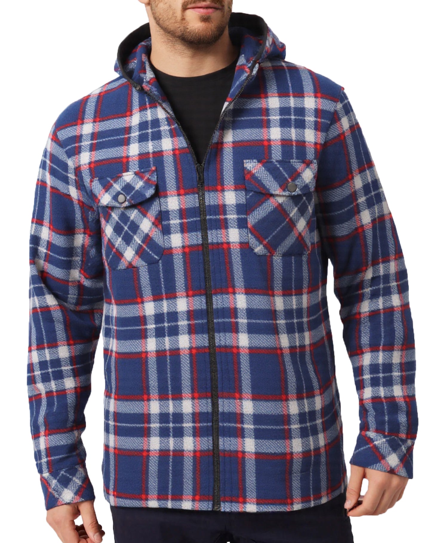 Men's Hooded Flannel Jacket Flannelette Plaid Fleece Shirt Zip Up Winter Coat, Blue, L