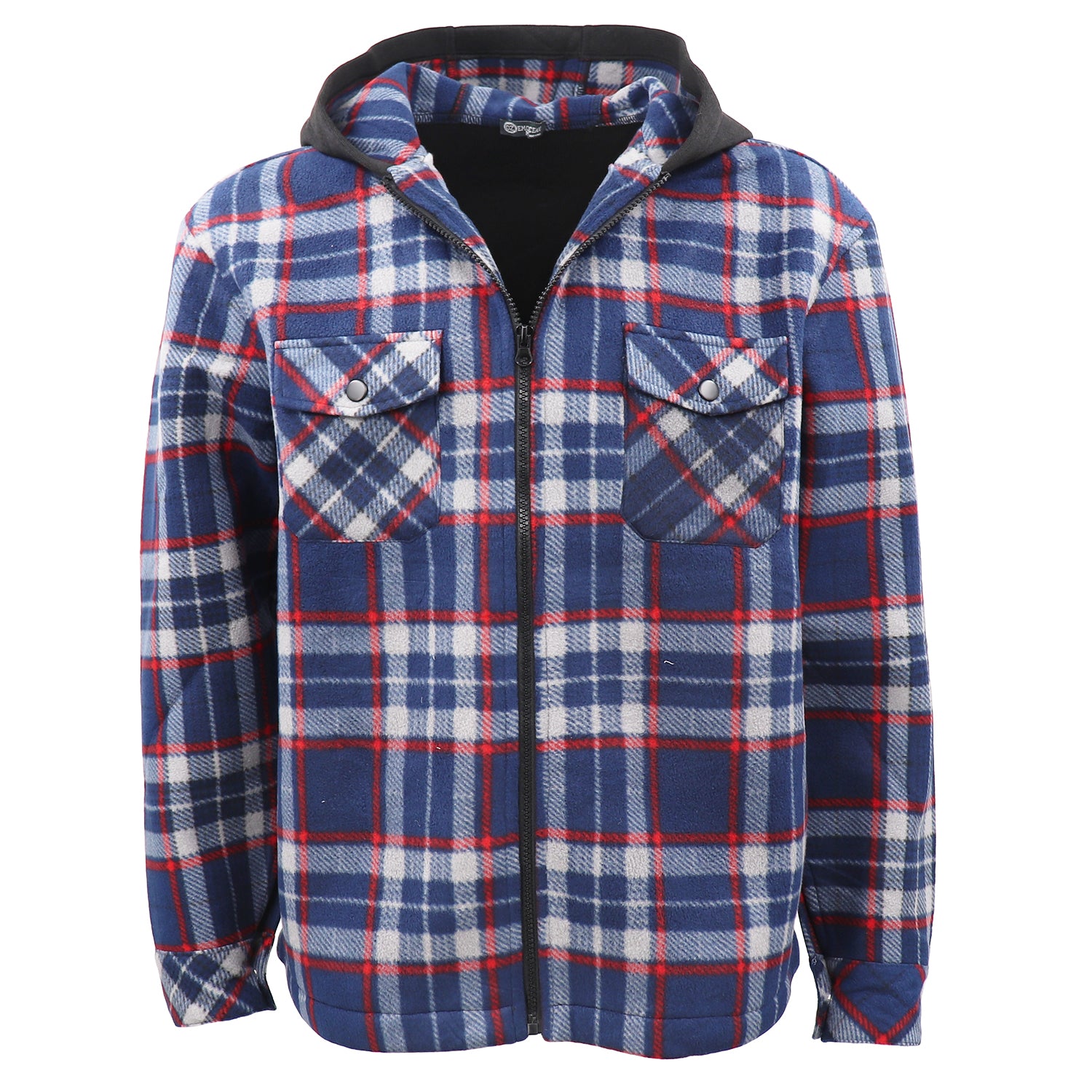 Men's Hooded Flannel Jacket Flannelette Plaid Fleece Shirt Zip Up Winter Coat, Blue, L
