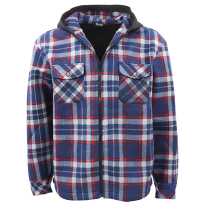 Men's Hooded Flannel Jacket Flannelette Plaid Fleece Shirt Zip Up Winter Coat, Blue, L V474-738334