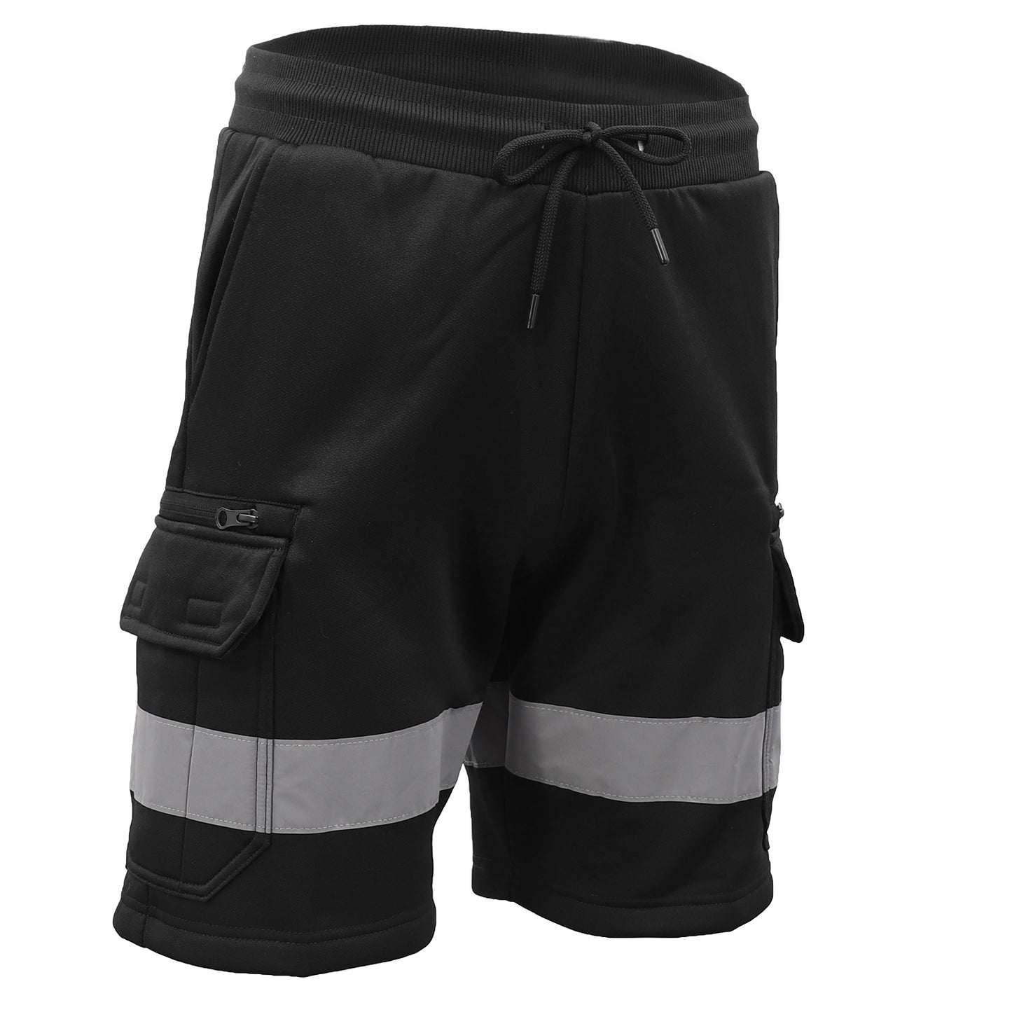 Hi Vis Fleece Work Cargo Shorts w Reflective Tape Workwear Tradie Utility Pants, Black, L V474-739113