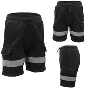 Hi Vis Fleece Work Cargo Shorts w Reflective Tape Workwear Tradie Utility Pants, Black, L