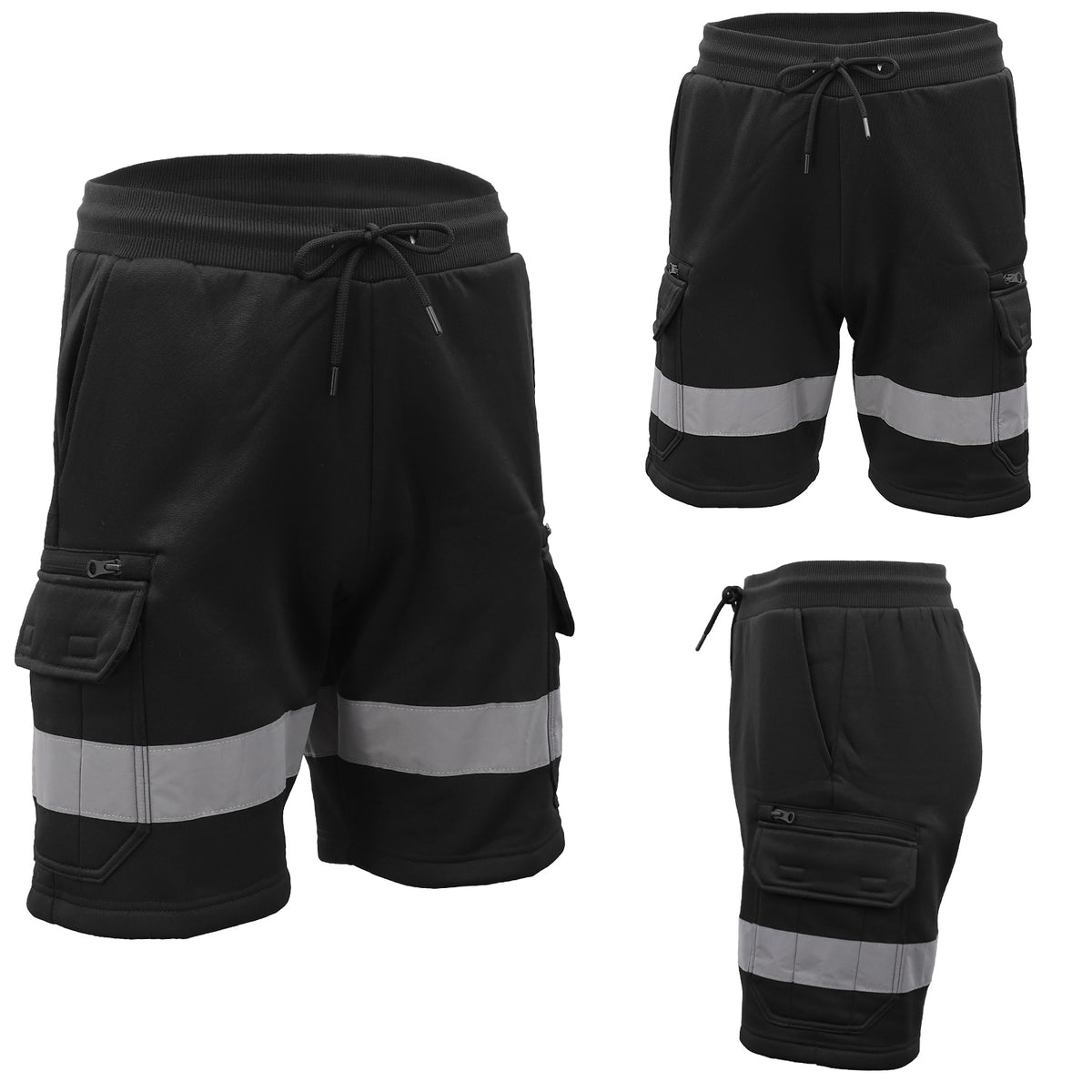 Hi Vis Fleece Work Cargo Shorts w Reflective Tape Workwear Tradie Utility Pants, Black, L
