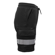 Hi Vis Fleece Work Cargo Shorts w Reflective Tape Workwear Tradie Utility Pants, Black, L