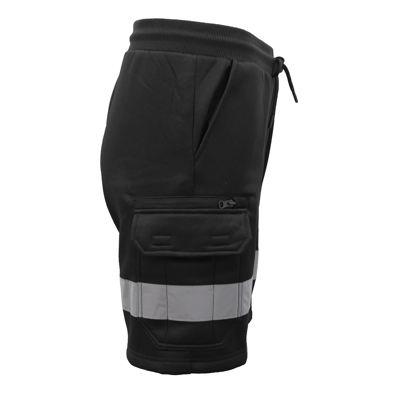 Hi Vis Fleece Work Cargo Shorts w Reflective Tape Workwear Tradie Utility Pants, Black, L