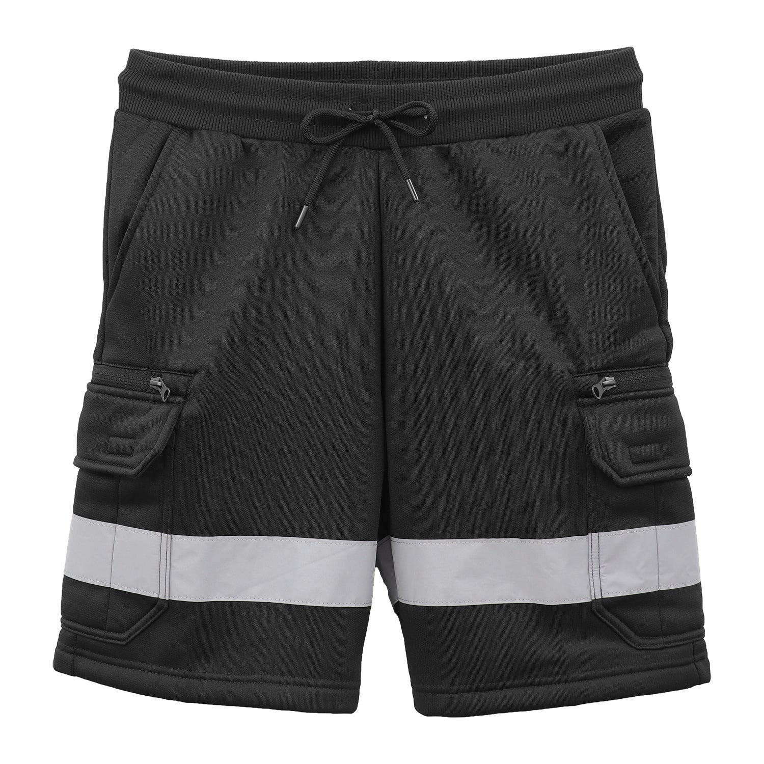 Hi Vis Fleece Work Cargo Shorts w Reflective Tape Workwear Tradie Utility Pants, Black, L