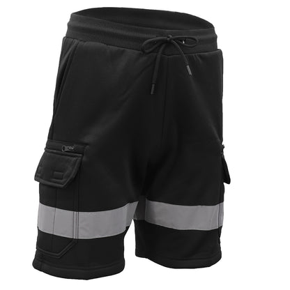 Hi Vis Fleece Work Cargo Shorts w Reflective Tape Workwear Tradie Utility Pants, Black, 3XL V474-739116
