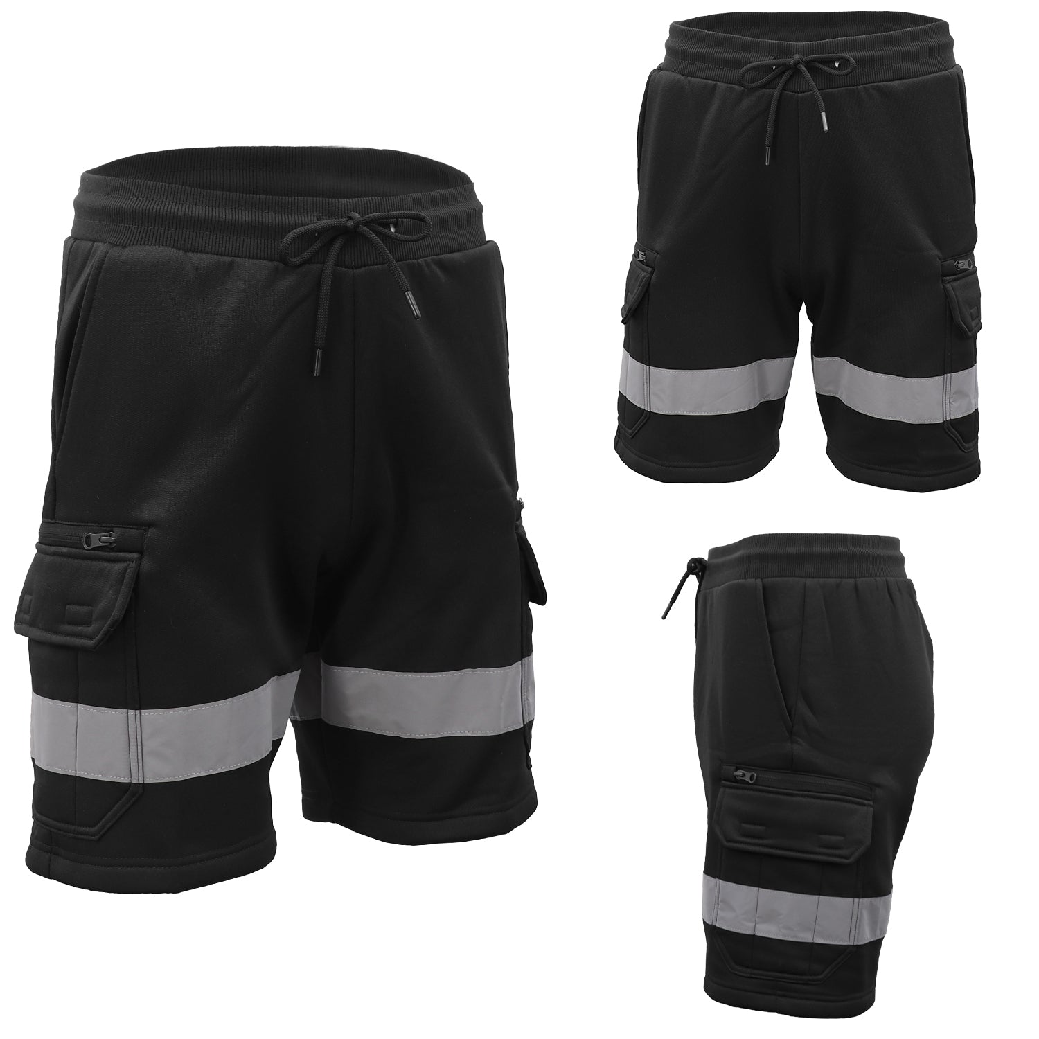 Hi Vis Fleece Work Cargo Shorts w Reflective Tape Workwear Tradie Utility Pants, Black, 3XL