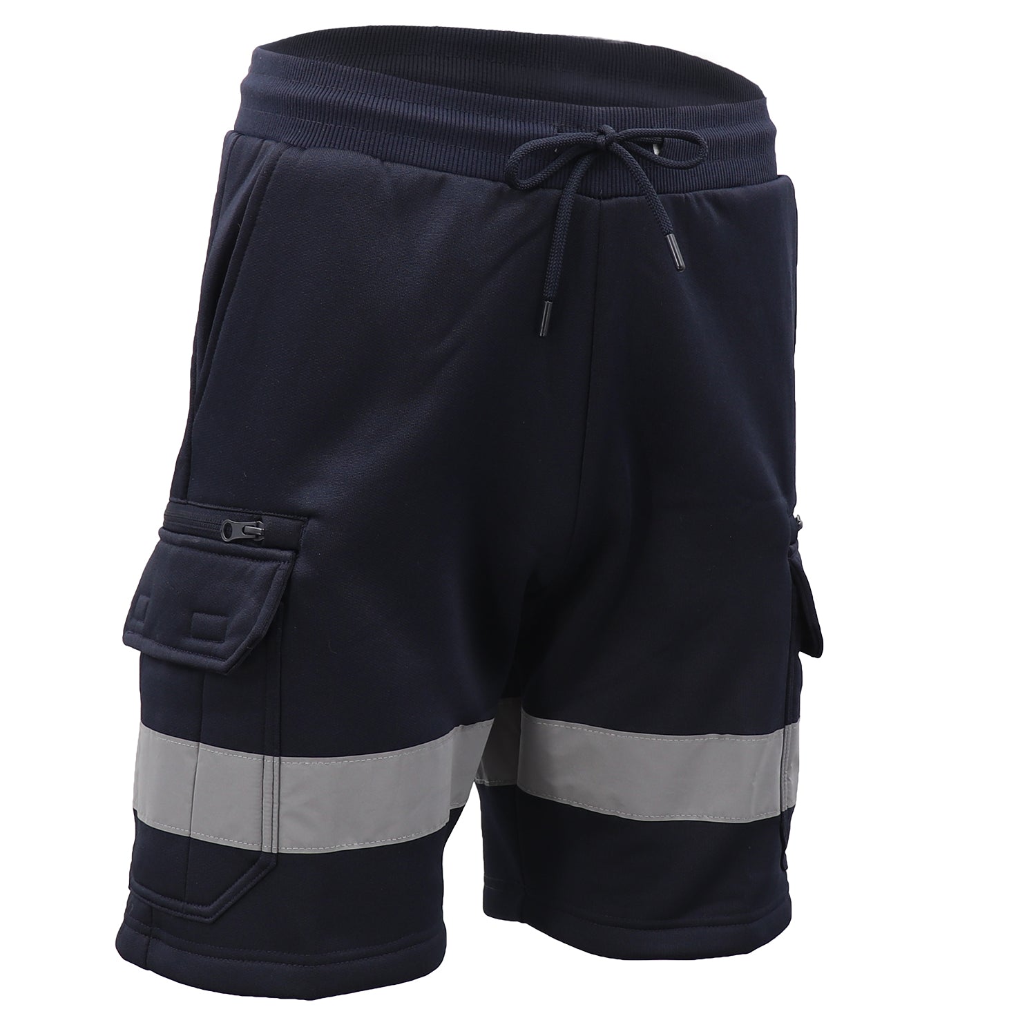 Hi Vis Fleece Work Cargo Shorts w Reflective Tape Workwear Tradie Utility Pants, Navy, S V474-739117