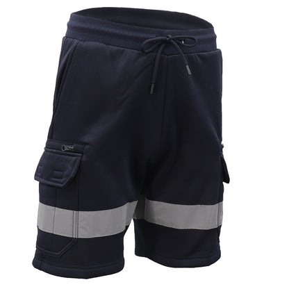 Hi Vis Fleece Work Cargo Shorts w Reflective Tape Workwear Tradie Utility Pants, Navy, M V474-739118