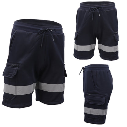 Hi Vis Fleece Work Cargo Shorts w Reflective Tape Workwear Tradie Utility Pants, Navy, M V474-739118