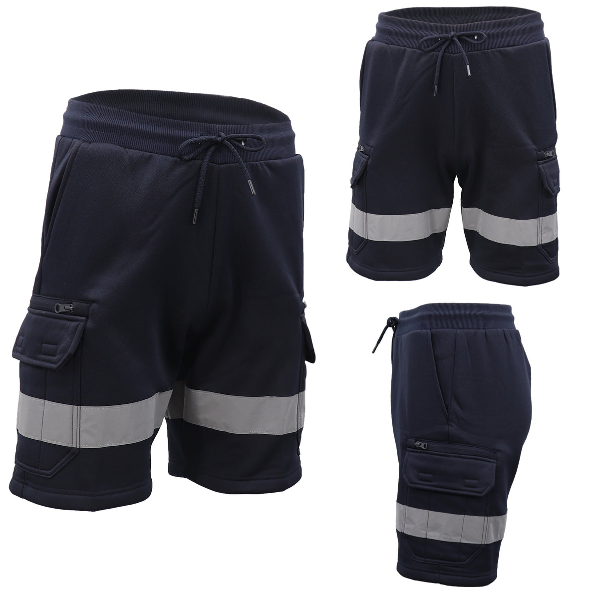 Hi Vis Fleece Work Cargo Shorts w Reflective Tape Workwear Tradie Utility Pants, Navy, M