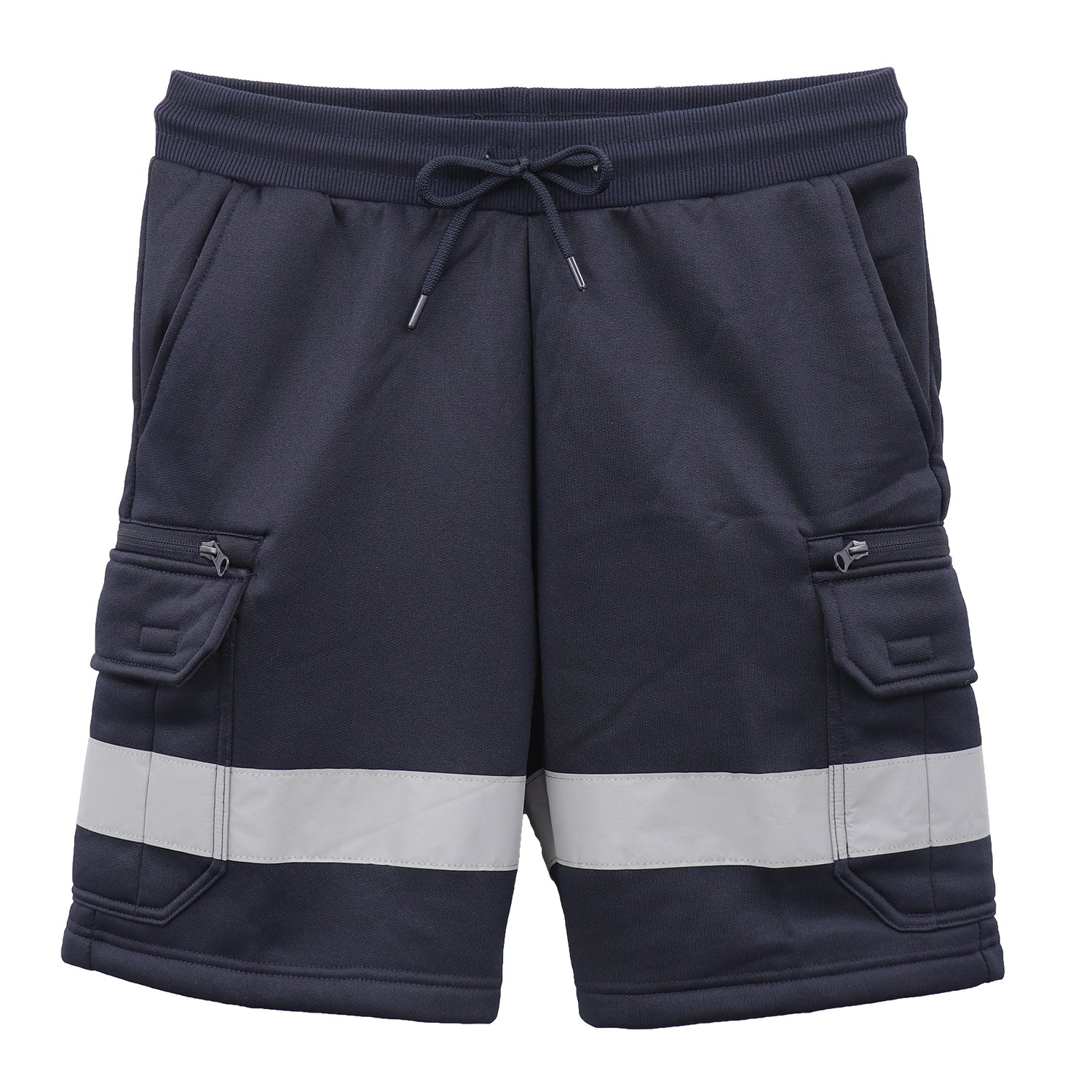 Hi Vis Fleece Work Cargo Shorts w Reflective Tape Workwear Tradie Utility Pants, Navy, L