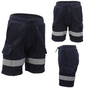 Hi Vis Fleece Work Cargo Shorts w Reflective Tape Workwear Tradie Utility Pants, Navy, 3XL