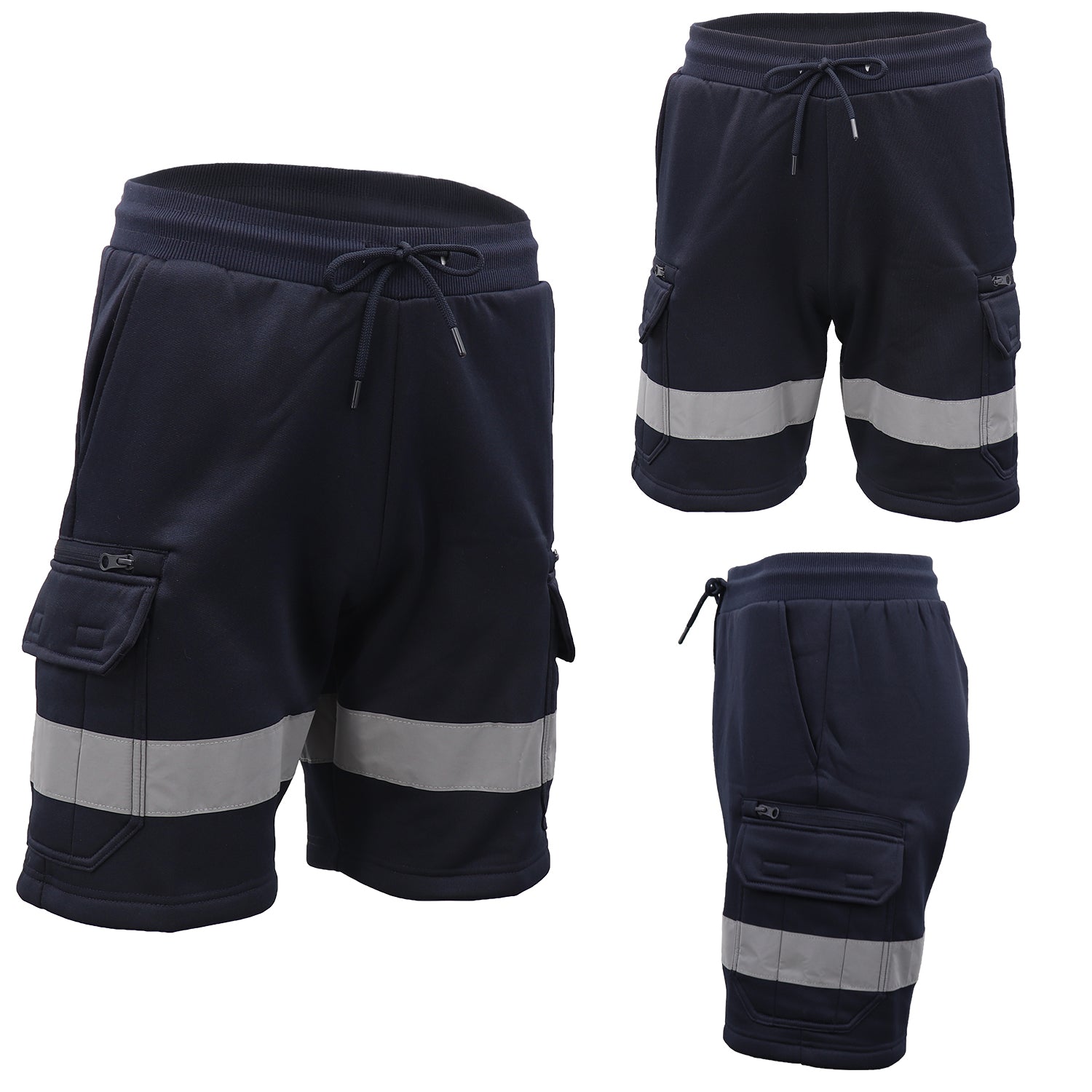 Hi Vis Fleece Work Cargo Shorts w Reflective Tape Workwear Tradie Utility Pants, Navy, 3XL