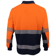 HI VIS Long Sleeve Polo Shirt Reflective Tape Safety Tradie Work Wear Tops Tee, Fluro Orange / Navy, S